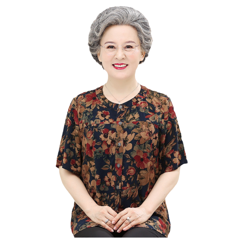 奶奶夏装棉衬衫老年人女T恤衣服