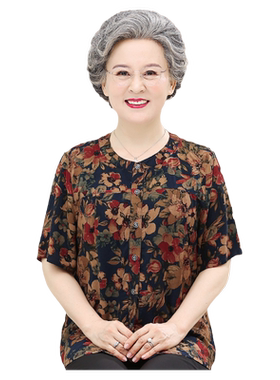 奶奶夏装棉衬衫老年人女T恤衣服