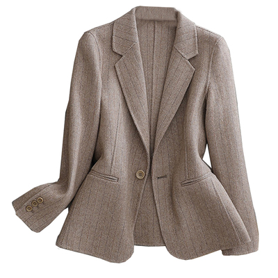 shan家杏色人字纹西装女羊毛外套