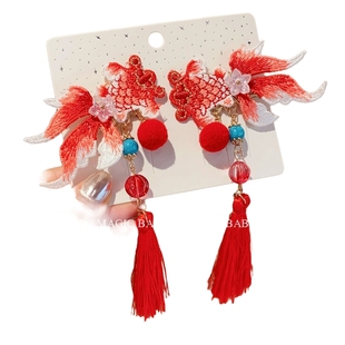 红色流苏锦鲤发夹小金鱼夹子儿童汉服古风头饰女童新年发饰宝宝