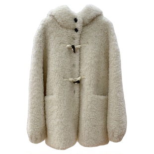 小考拉！宽松慵懒加厚羊羔毛皮毛一体牛角扣连帽皮草女冬毛毛外套