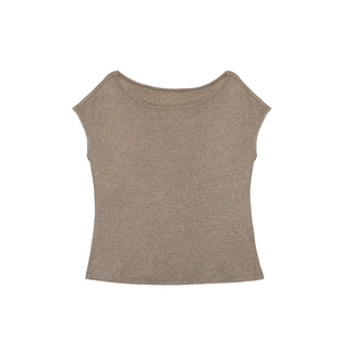 pusumede慵懒周末基础款一字船领短袖T恤女宽松露肩休闲斜肩上衣