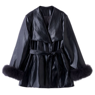 西装领PU皮衣免洗90羽绒服女中长款冬装外套2025新款今年流行爆款