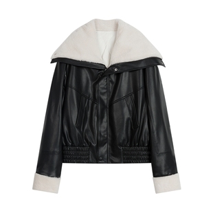 LILY冬新款女装仿羊羔毛领防风PU飞行员夹克鸭绒羽绒服外套