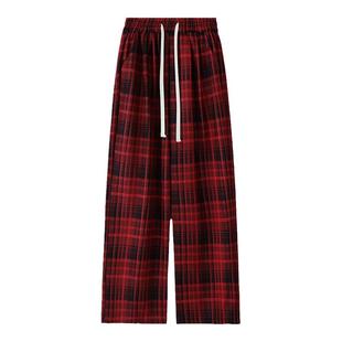 加绒复古慵懒风撞色红格子裤女韩版高腰显瘦拖地裤直筒阔腿裤子