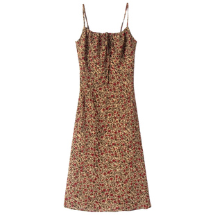 【包邮】法式小众卡其碎花胸前系带露锁骨显瘦中长款吊带裙连衣裙