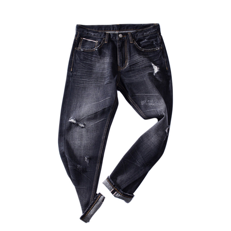 国潮破洞牛仔裤修身小脚黑色洗水石磨做旧猫须赤耳单宁九分裤酱潮