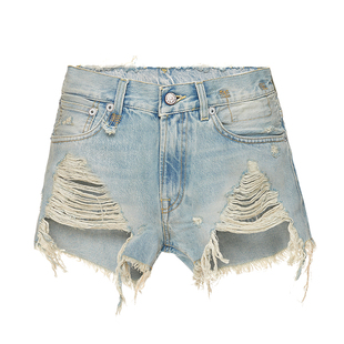 R13 SHREDDED 中高腰显瘦毛边碎布水洗破洞牛仔短裤