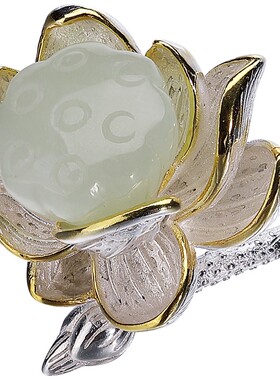 古风爱莲说镀银女款戒指天然白玉金莲花复古佛家古装指环开口戒子