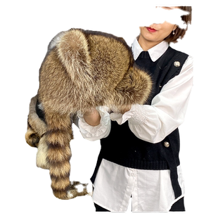小浣熊皮草帽子儿童美洲貉子毛雷锋帽女冬季男童女童保暖真皮护耳