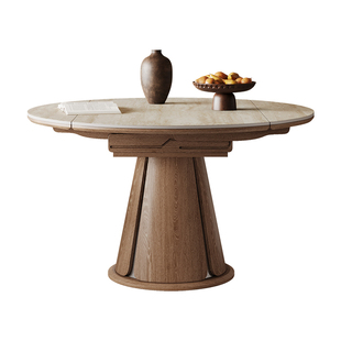 中古风伸缩岩板餐桌可变圆桌小户型胡桃木色客厅家用全托实木餐桌