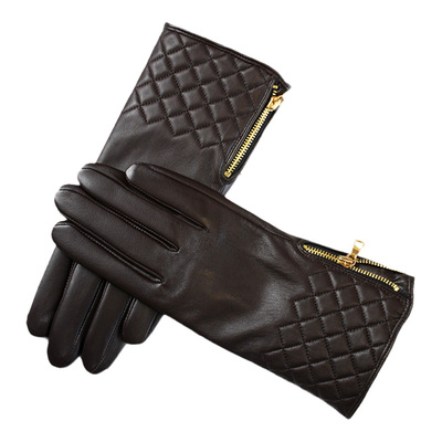 可触控真皮羊皮手套女时尚拉链冬