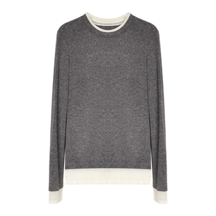 因由 假两件圆领羊毛打底衫女修身内搭长袖T恤百搭撞色套头针织衫