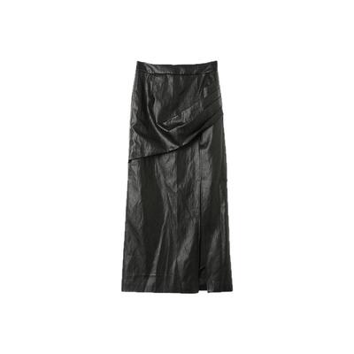 西町村屋褶皱开衩长款pu半身裙女