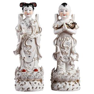 戴玉堂陶瓷金童玉女娃娃一对龙女善财童子观音菩萨佛像供奉摆件
