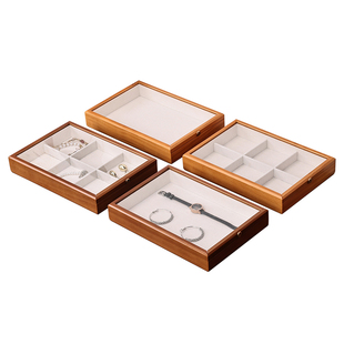 多祝带盖首饰盒实木戒指项链手镯手串收纳盒耳钉手链珠宝展示托盘