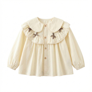 女童春秋新款衬衫蝴蝶结花边衬衣女宝宝新潮洋气百搭外套时尚上衣