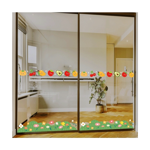 卡通绿植腰线防撞玻璃贴纸幼儿园培训中心橱窗装饰无胶静电窗花贴