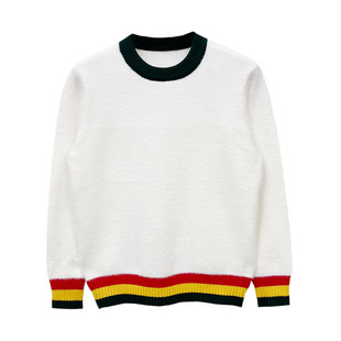 法式轻奢洋气拼色条纹毛衣男款冬季保暖软糯水貂绒针织上衣羊绒衫