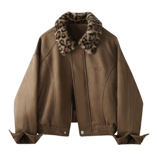 美拉德复古豹纹毛茸茸翻领拼接麂皮绒外套女秋装潮酷街头休闲夹克