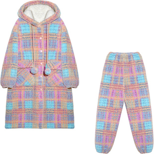 Bananagirl睡衣女款冬季新款加厚保暖格子家居服可外穿加绒长睡袍