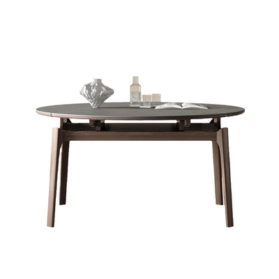 实木灰色岩板圆餐桌可伸缩