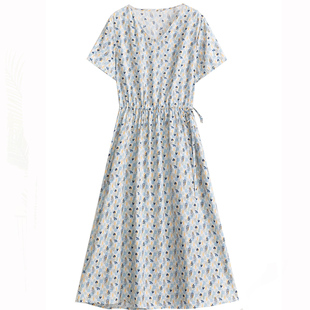 高端棉绸连衣裙新款2025女夏季可外穿碎花V领收腰人造棉大摆裙子