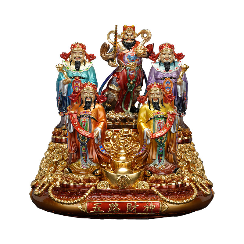 五路财神铜像黄铜国潮小五路财神一体聚宝盆公司店铺家用供奉摆件