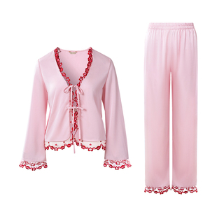 NT春秋薄款丝质睡衣女士性感蕾丝长袖长裤舒适家居服两件套装