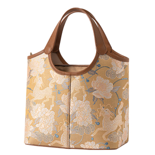 2026新中式国风宋锦麒麟牡丹真皮手拎包单肩斜挎菜篮子送长辈礼物