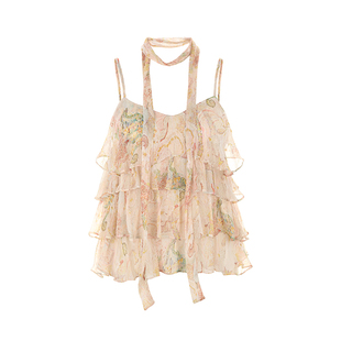 wana try绿野仙踪印花飘逸层次感吊带春季新款韩系温柔气质上衣女