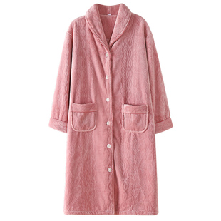 法兰绒睡袍女冬季睡衣加绒加厚保暖女士甜美简约开衫珊瑚绒家居服