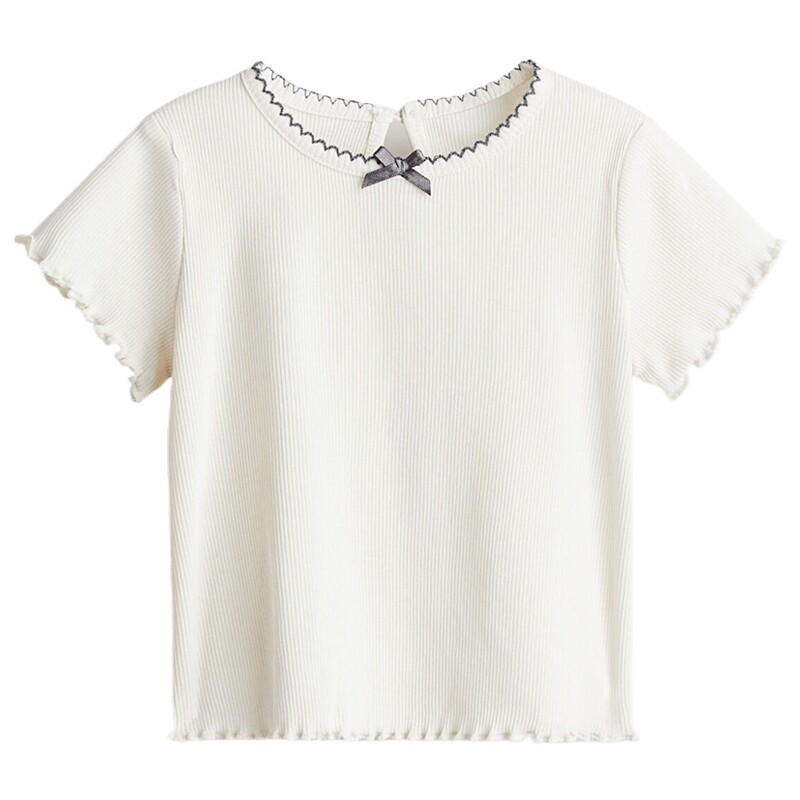 HM童装女婴T恤夏季时尚洋气纯棉圆领气质蝴蝶结短袖上衣1239339