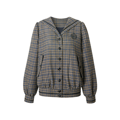 Uena绿色格纹徽章刺绣海军领外套