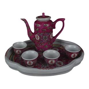 景德镇陶瓷茶壶 70-90年代文革瓷厂货手绘粉彩红万寿功夫茶具酒具