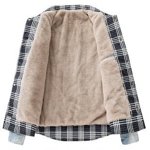 仿牛仔外套男加绒厚秋冬季加肥加大胖人格子保暖按扣假两件夹克潮