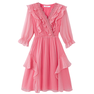 海边渡假沙滩收腰长裙子女早秋仙气超仙仙女荷叶边v领绝美连衣裙