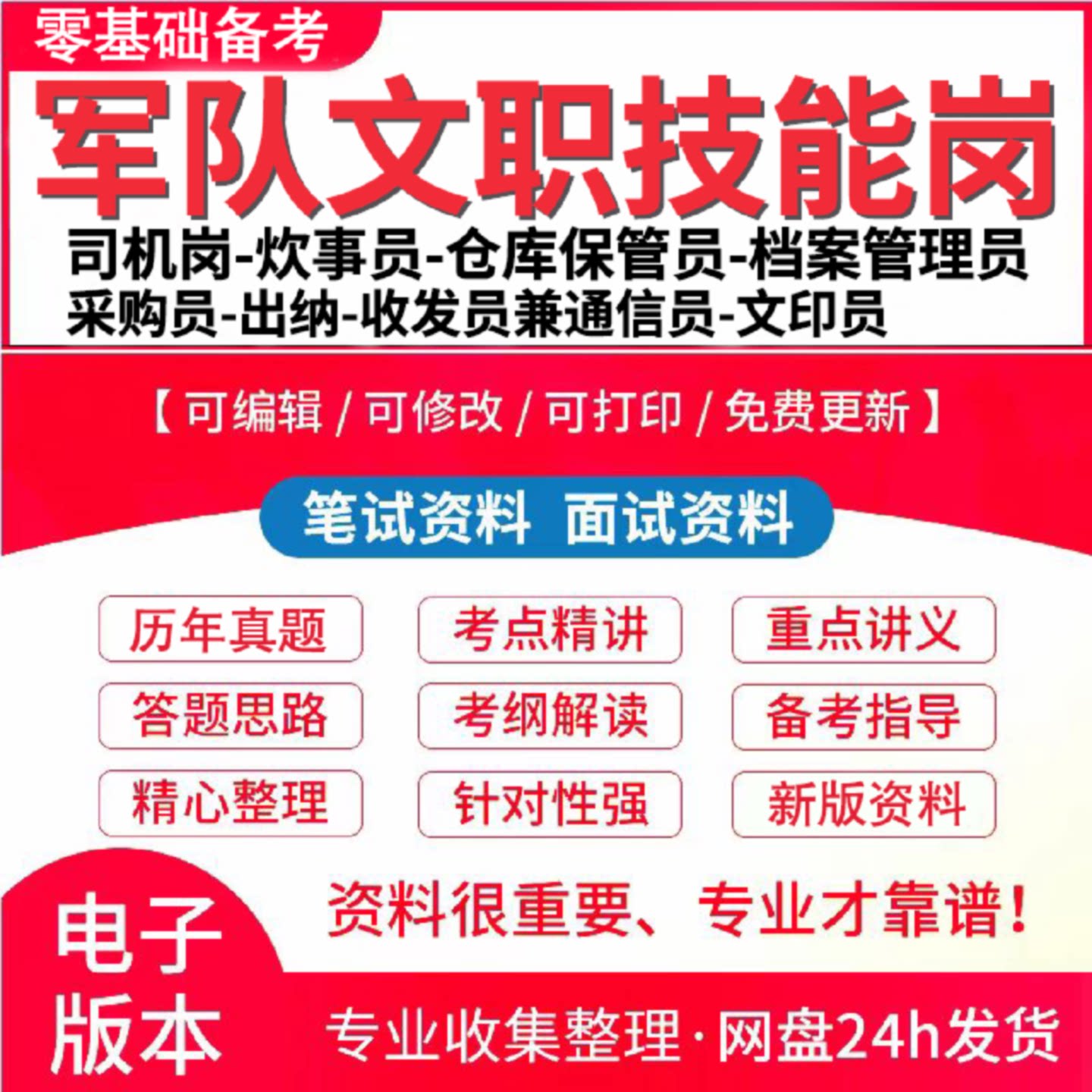2026年军队文职技能岗招聘考试资料笔试真题库面试司机岗炊事员仓库保管员采购员档案管理员出纳收发员兼通信员文印员电工钳工岗位