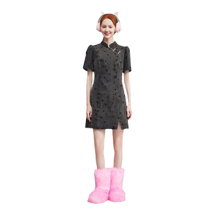 【商场同款】Jamor时尚新中式改良连衣裙烟灰花纹短裙旗袍裙子