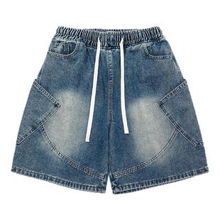 GOGOSOON夏季新款男牛仔短裤380g水洗复古做旧青少年宽松五分裤Q