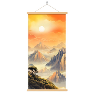 新中式旭日东升玄关装饰画沙发背景墙太阳画挂画日出东方卷轴壁画