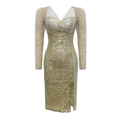 桃心领低胸亮片连衣裙