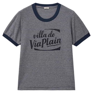 现货！viaplain撞色条纹字母短袖T恤韩国东大门夏季新款上衣女