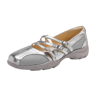 MILLIE'S/妙丽银色厚底玛丽珍鞋透气网面交叉扣带休闲运动风单鞋Q