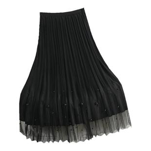 金丝绒半身裙女春秋中长款双面网纱a字两面穿百褶钉珠超火纱裙子