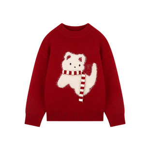 Amybaby女童上衣冬季2025新款加厚保暖卡通小猫套头长袖圆领毛衣