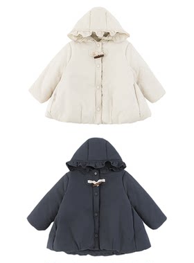 幼悠女童2025冬季新款花边连帽加绒保暖外套加厚防风儿童森系冬装