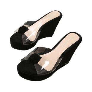 夏季新款高跟坡跟透明拖鞋女 古早花朵凉拖 松糕底厚底防水台女鞋