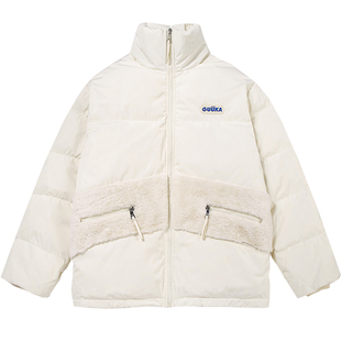 GUUKA半高领米白羽绒服男冬 田嘉瑞同款情侣兔毛拼接保暖外套宽松