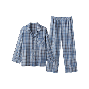三枪家居服2026春季情侣家居服男纯棉经典格纹长袖开襟情侣睡衣女